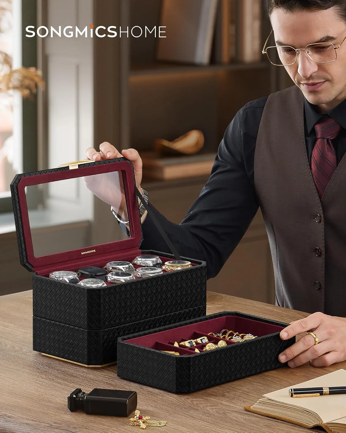 Gift Idea, Ink Black Surface, Wine Red Lining UJWB021R01 SONGMICS HOME RONNE Collection - 3-Tier Watch Box, Stackable 8-Slot Watch Case, Woven prestige digression fatigue corpse ether Embossed PU Leather, Floating Effect, 