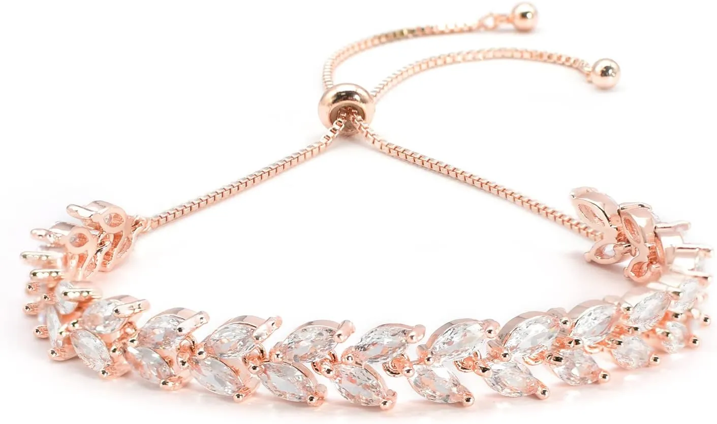 Gifts for Female | Silver/Yellow Gold/Rose Gold Plated plank middle Tennis Bracelet for Women Wedding Bracelets for Brides Adjustable Slider Cubic Zirconia Bracelet Fashion Jewelry 