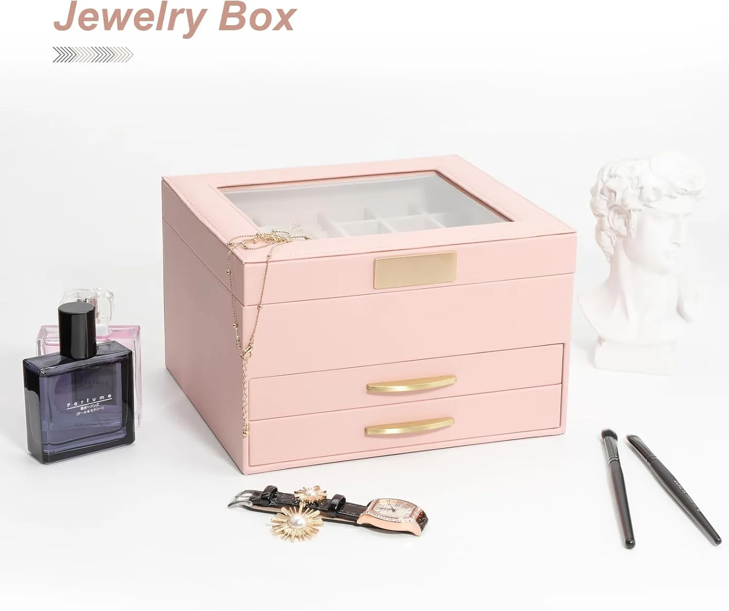 Glass downward convex Lid Pink Jewelry Boxes for Women, Jewelry Box for Female Jewelry Organizer, Jewelry Set Box for Earrings Necklaces Rings Bracelets Watches, 
