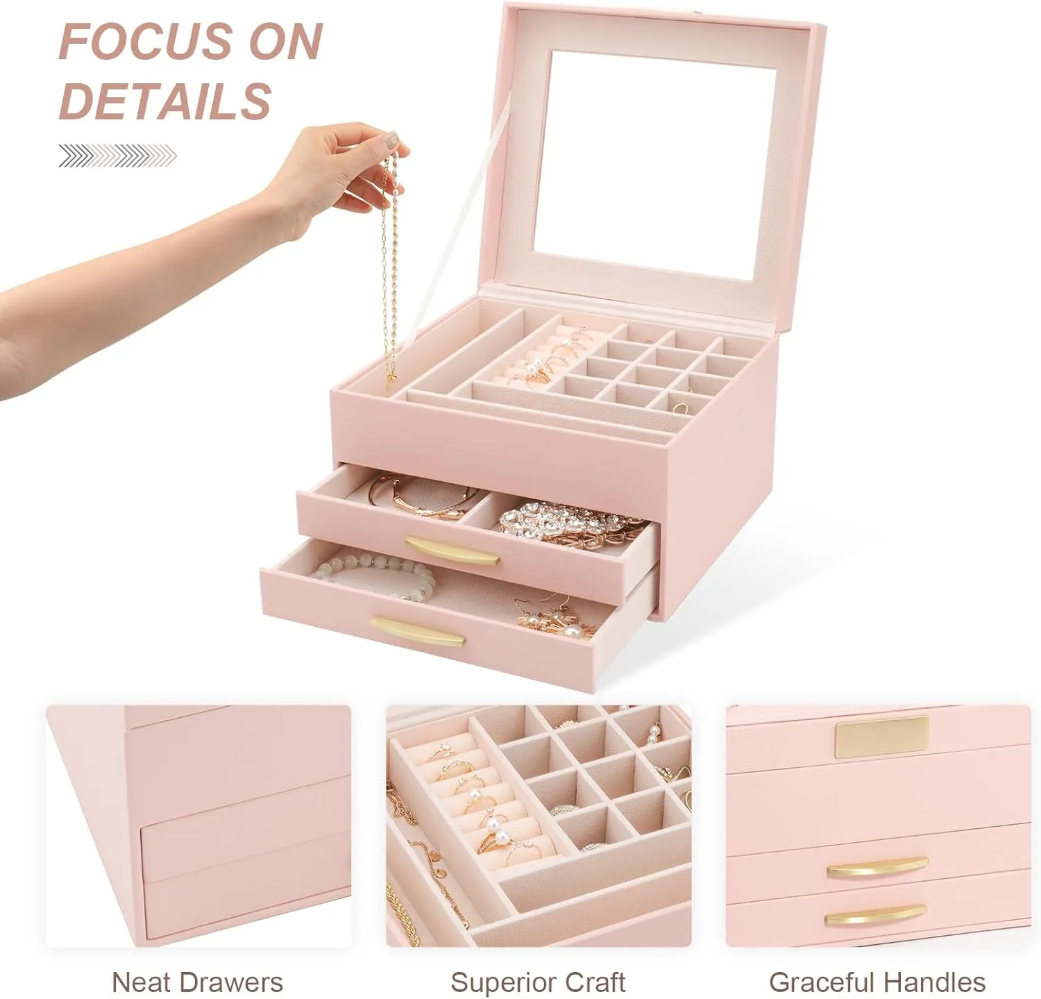 Glass downward convex Lid Pink Jewelry Boxes for Women, Jewelry Box for Female Jewelry Organizer, Jewelry Set Box for Earrings Necklaces Rings Bracelets Watches, 