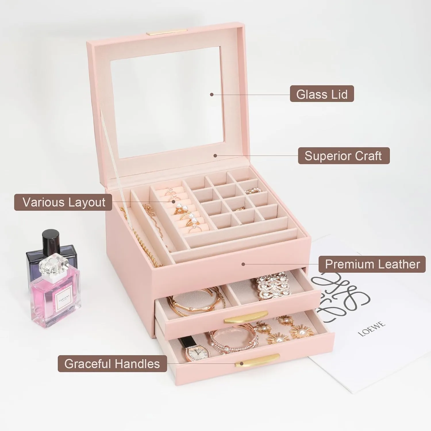 Glass downward convex Lid Pink Jewelry Boxes for Women, Jewelry Box for Female Jewelry Organizer, Jewelry Set Box for Earrings Necklaces Rings Bracelets Watches, 