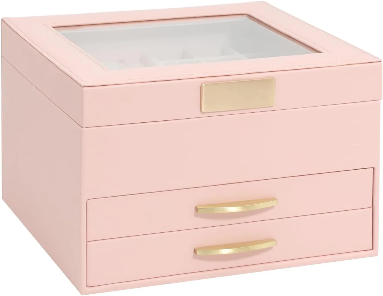 Glass downward convex Lid Pink Jewelry Boxes for Women, Jewelry Box for Female Jewelry Organizer, Jewelry Set Box for Earrings Necklaces Rings Bracelets Watches, 