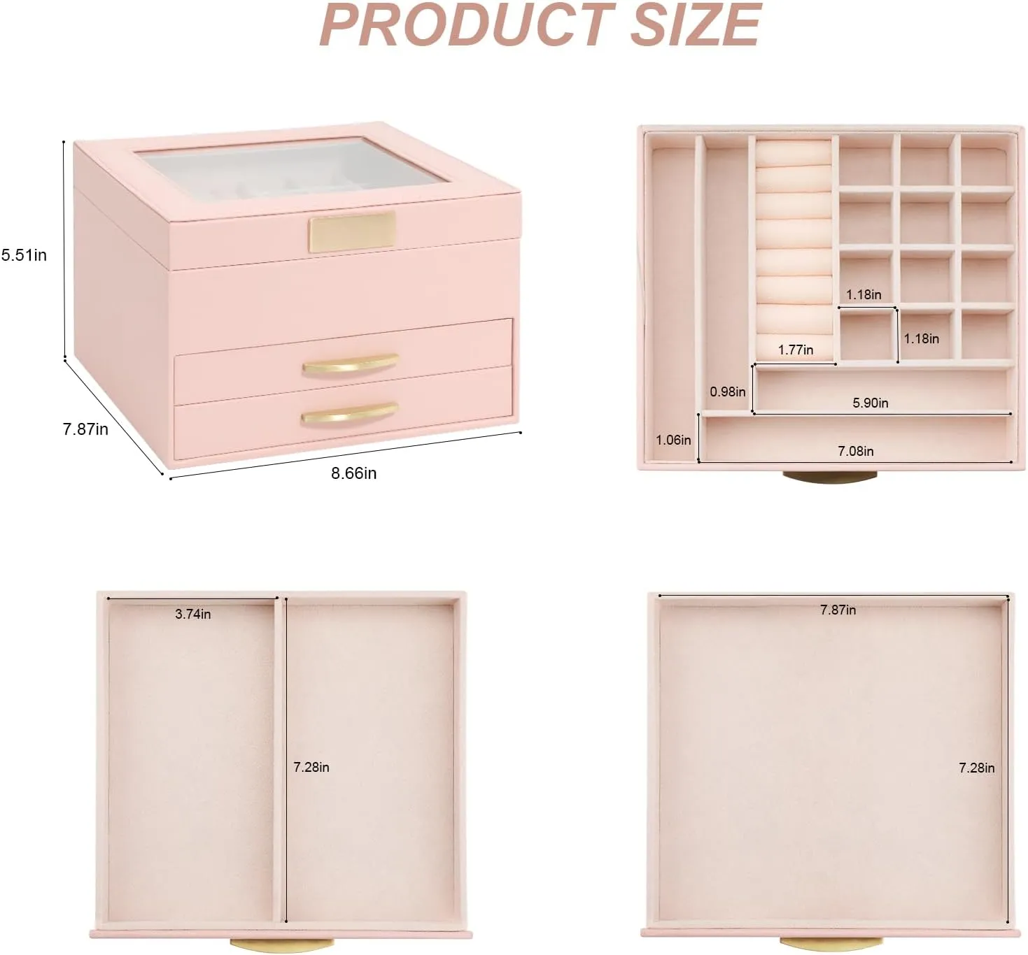 Glass downward convex Lid Pink Jewelry Boxes for Women, Jewelry Box for Female Jewelry Organizer, Jewelry Set Box for Earrings Necklaces Rings Bracelets Watches, 