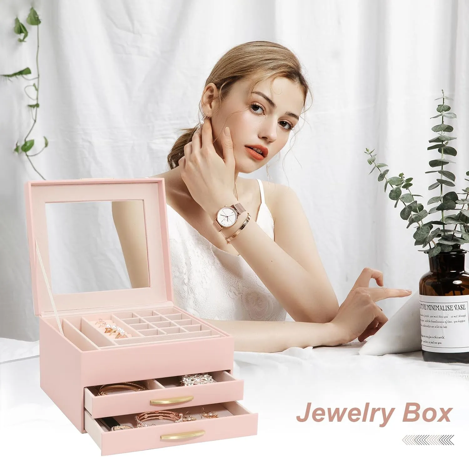 Glass downward convex Lid Pink Jewelry Boxes for Women, Jewelry Box for Female Jewelry Organizer, Jewelry Set Box for Earrings Necklaces Rings Bracelets Watches, 