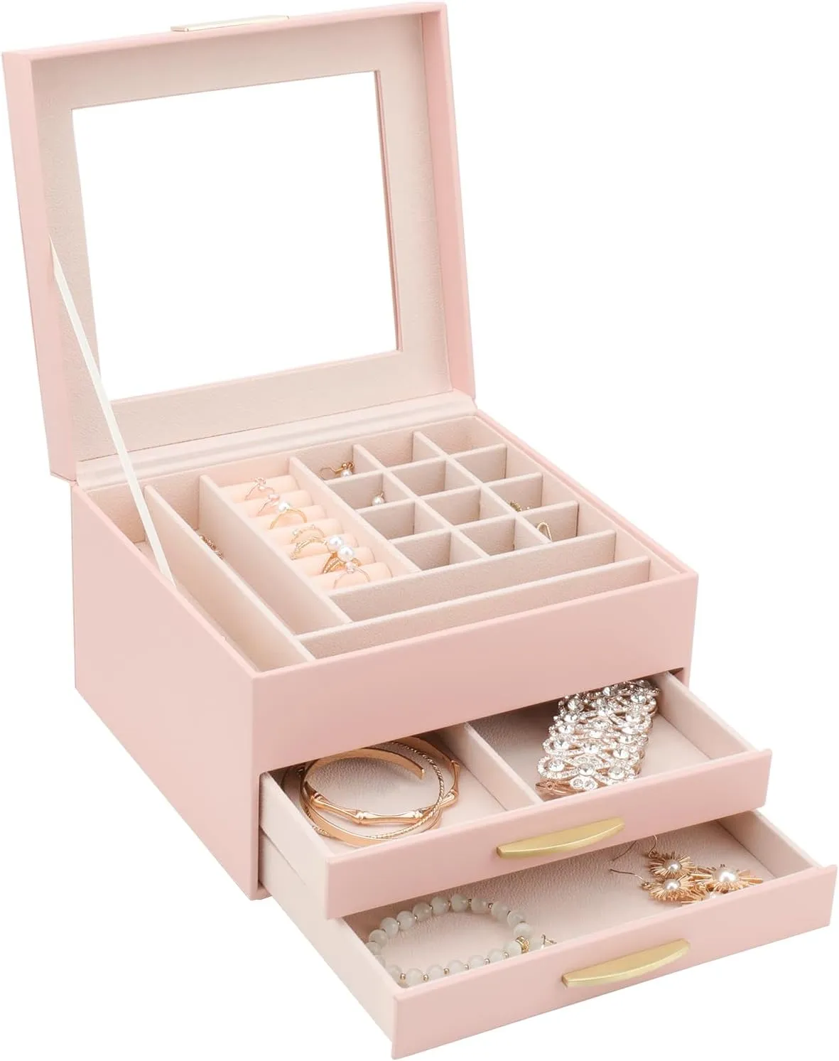 Glass downward convex Lid Pink Jewelry Boxes for Women, Jewelry Box for Female Jewelry Organizer, Jewelry Set Box for Earrings Necklaces Rings Bracelets Watches, 