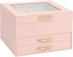 Glass downward convex Lid Pink Jewelry Boxes for Women, Jewelry Box for Female Jewelry Organizer, Jewelry Set Box for Earrings Necklaces Rings Bracelets Watches, 