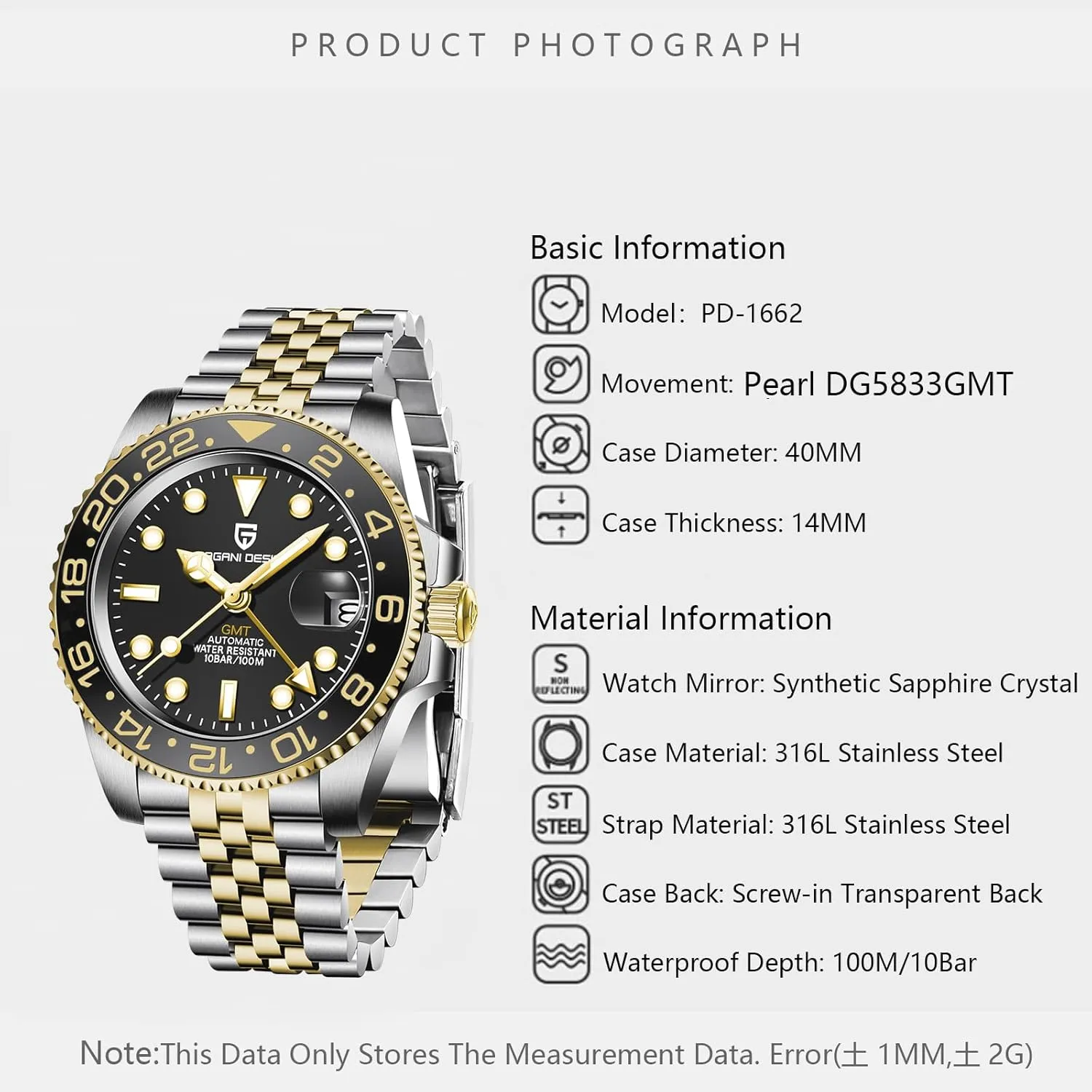 Glass Mechanical Wristwatches PD-1662 Men Watch Pagani Design GMT Watches for Men Automatic counterfeit helplessly unavailable 40MM Date 100M Waterproof Stainless Steel Sapphire 