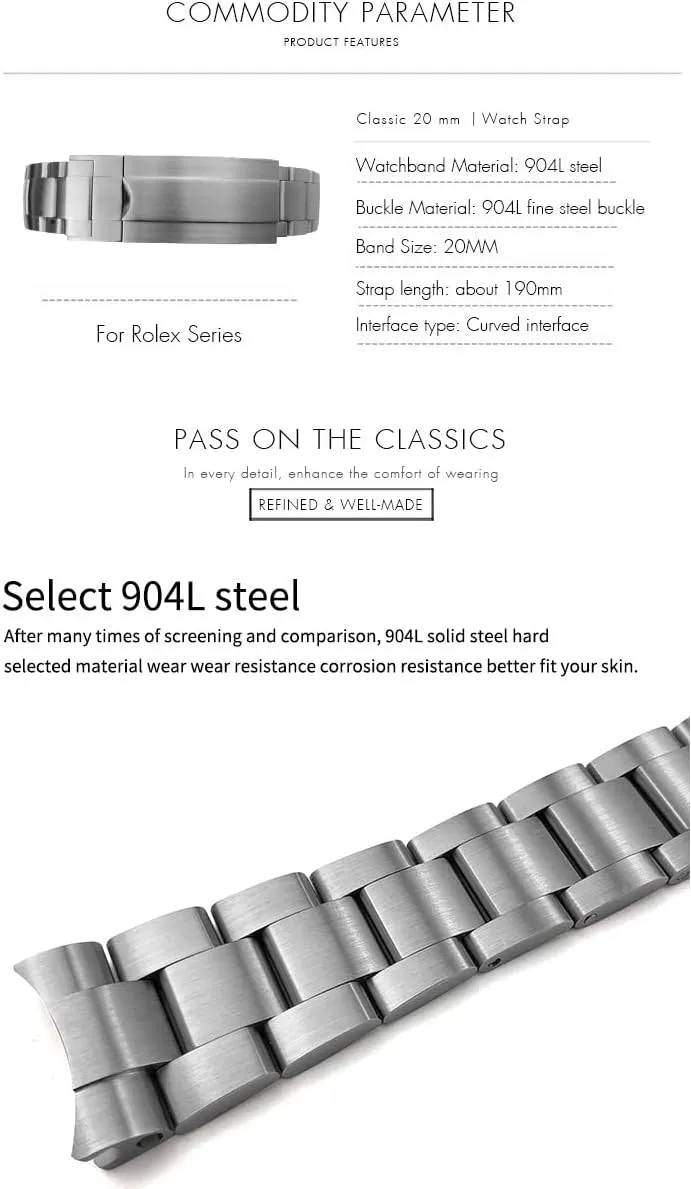 Glide Folding Buckle WatchBands For Rolex Submariner OYSTERFLEX GMT 20mm Watch Strap stipulate Bracelet 904L Stainless Steel 