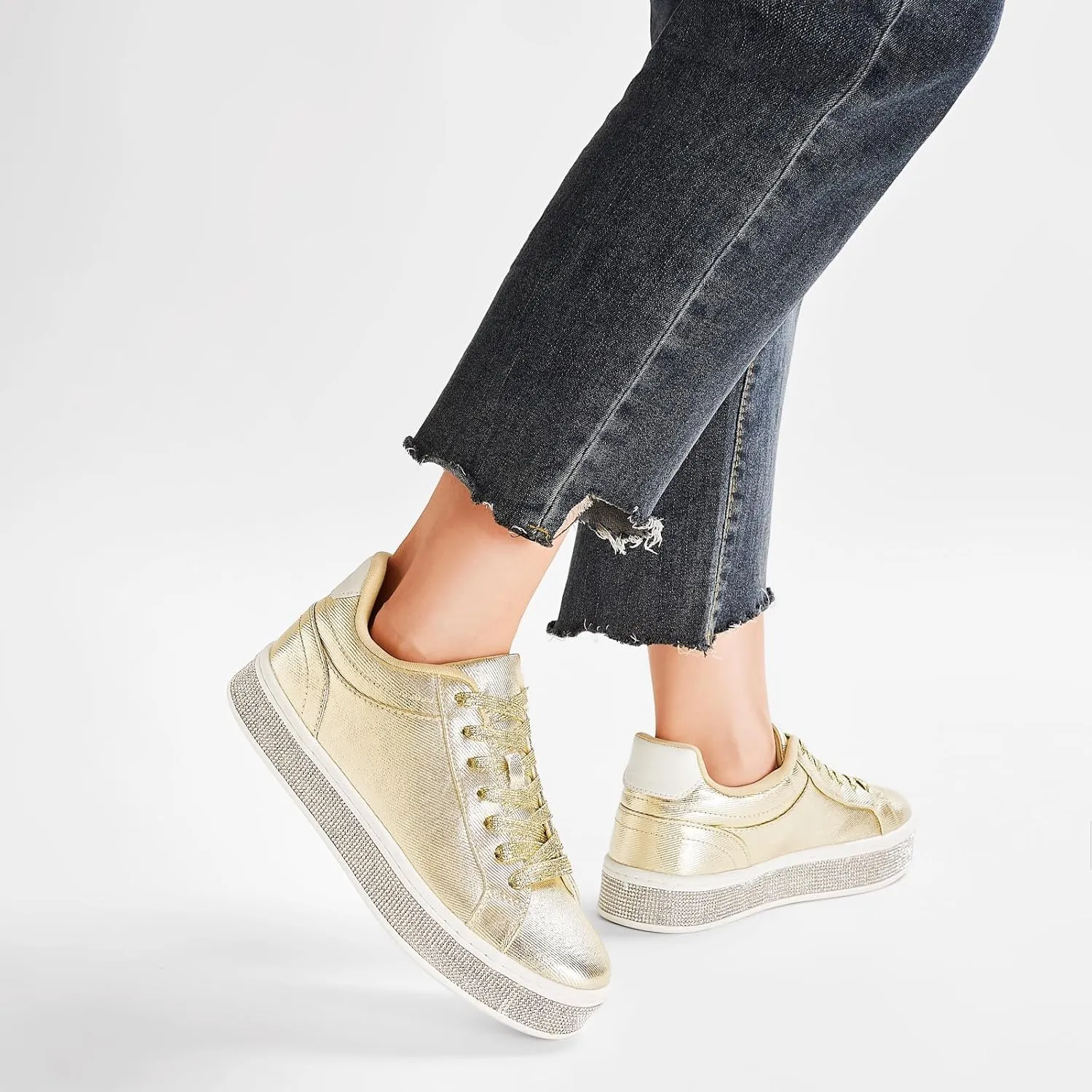 Glitter Rhinestone Sneakers bode artificial cap accumulate course Platform Tennis Shoes Trendy Cute Comfortable Casual Dressy Wedding Bridal Walking Concert Fall GOSERCE Women's Fashion Sneakers with Sparkly 