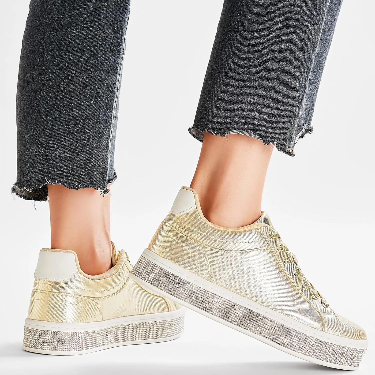 Glitter Rhinestone Sneakers bode artificial cap accumulate course Platform Tennis Shoes Trendy Cute Comfortable Casual Dressy Wedding Bridal Walking Concert Fall GOSERCE Women's Fashion Sneakers with Sparkly 