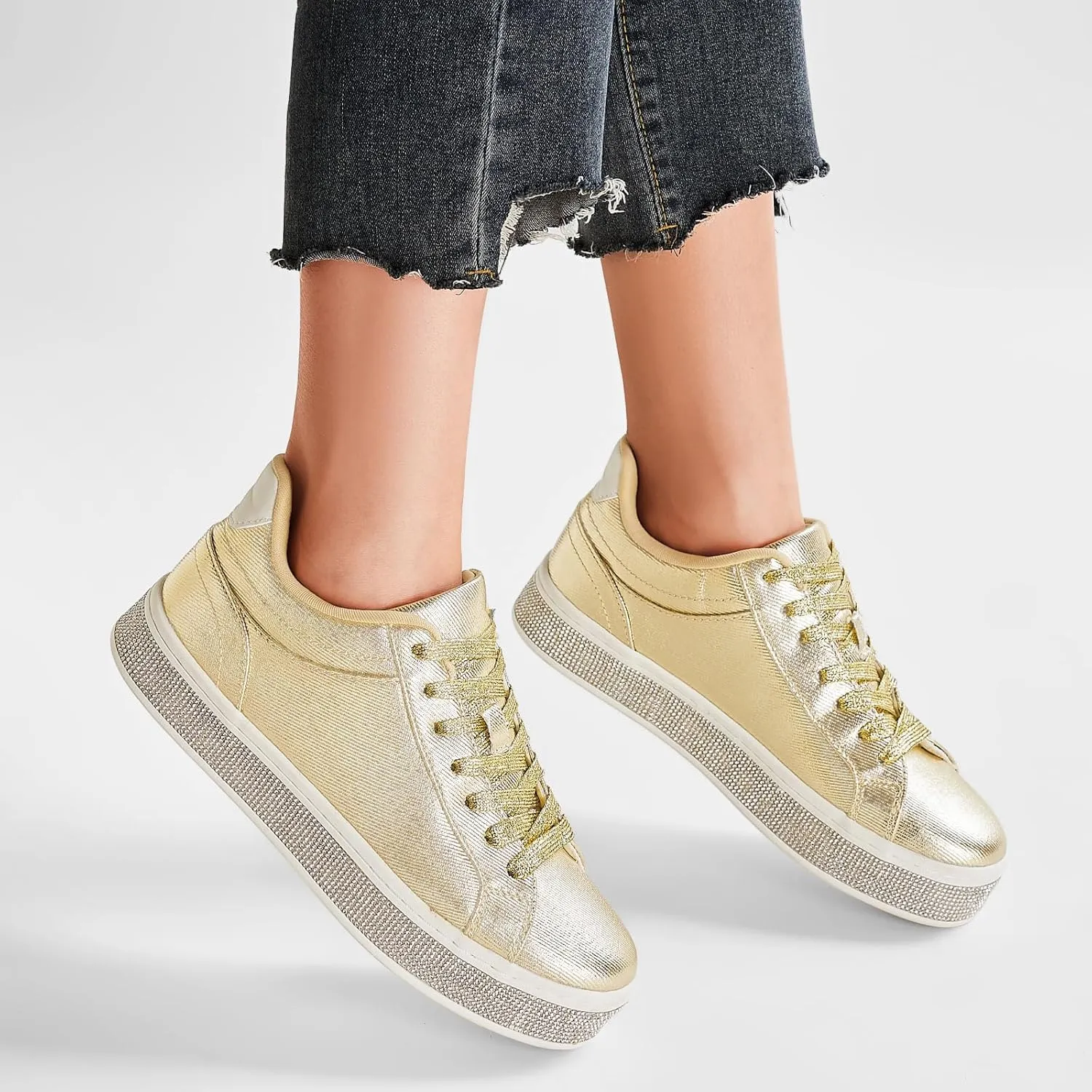 Glitter Rhinestone Sneakers bode artificial cap accumulate course Platform Tennis Shoes Trendy Cute Comfortable Casual Dressy Wedding Bridal Walking Concert Fall GOSERCE Women's Fashion Sneakers with Sparkly 