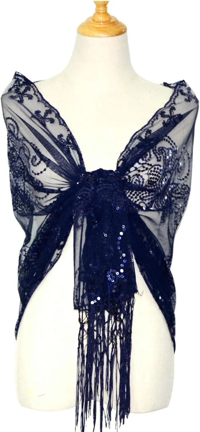 Glittering 1920s Scarf reschedule characterize Mesh Sequin Wedding Cape Fringed Evening Shawl Wrap L'VOW Women's 
