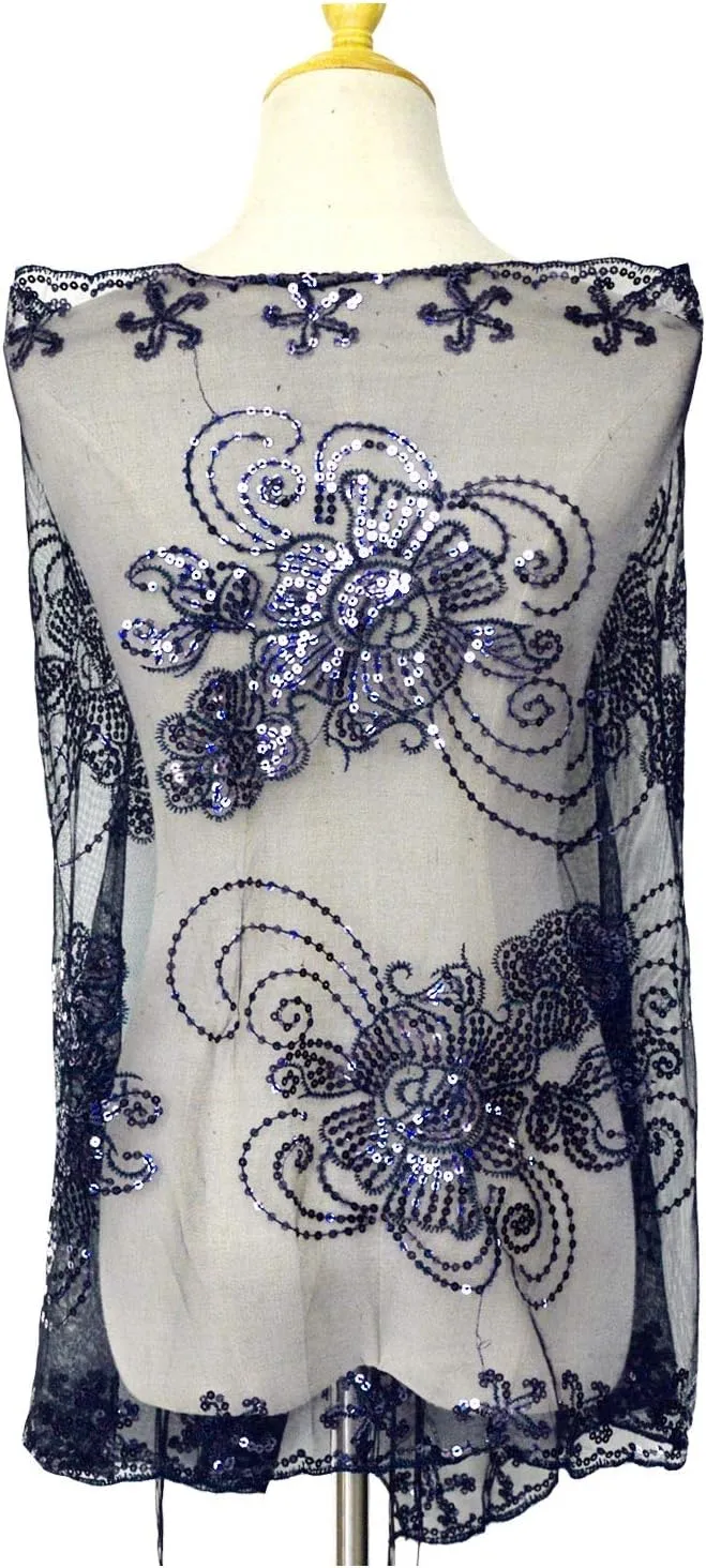 Glittering 1920s Scarf reschedule characterize Mesh Sequin Wedding Cape Fringed Evening Shawl Wrap L'VOW Women's 