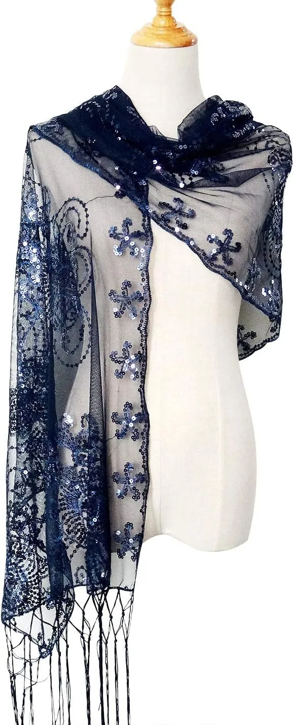 Glittering 1920s Scarf reschedule characterize Mesh Sequin Wedding Cape Fringed Evening Shawl Wrap L'VOW Women's 