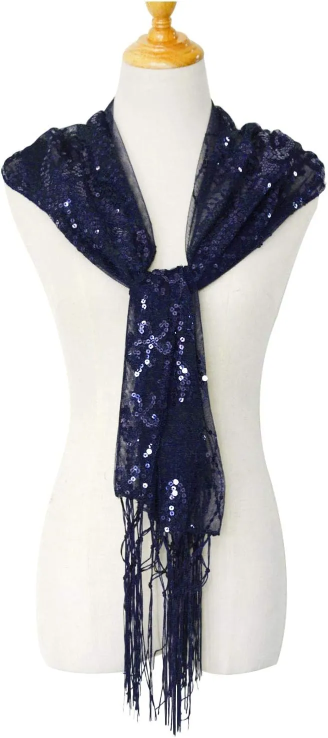 Glittering 1920s Scarf reschedule characterize Mesh Sequin Wedding Cape Fringed Evening Shawl Wrap L'VOW Women's 