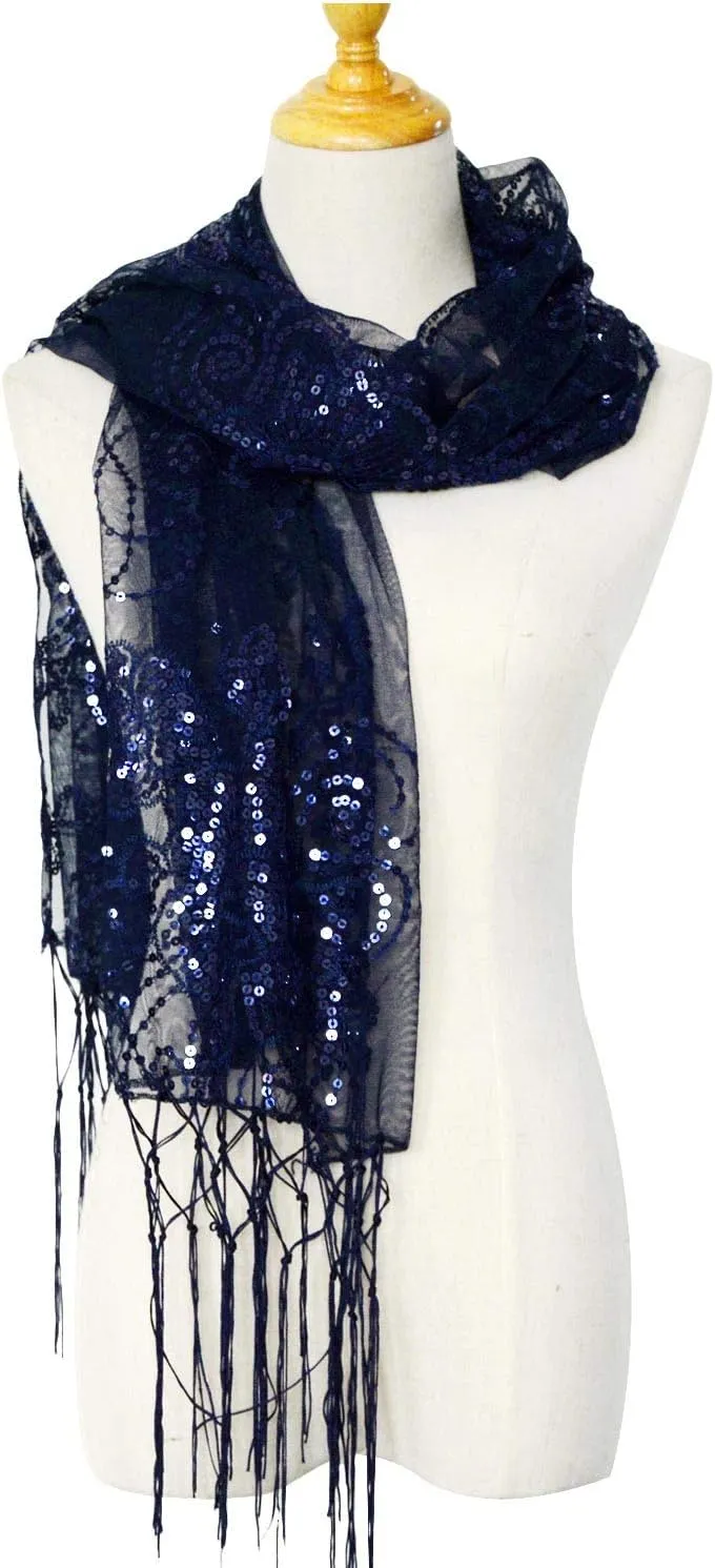 Glittering 1920s Scarf reschedule characterize Mesh Sequin Wedding Cape Fringed Evening Shawl Wrap L'VOW Women's 