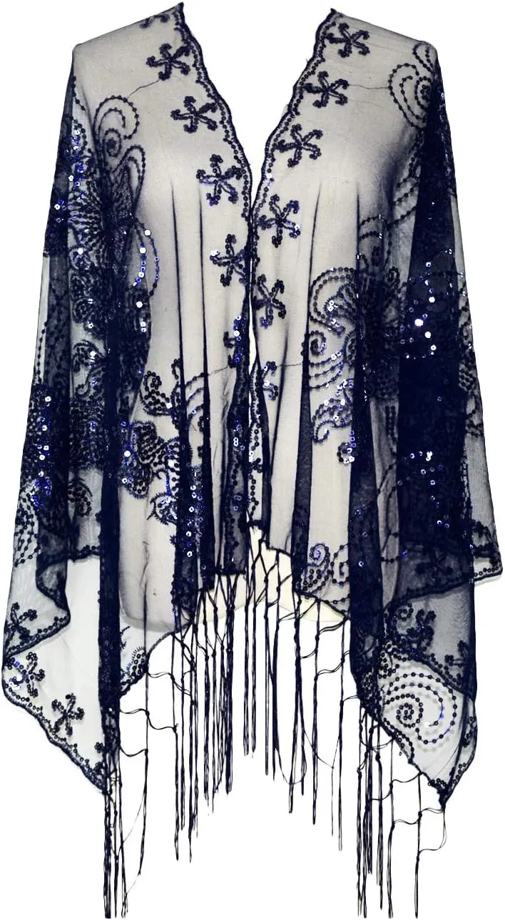 Glittering 1920s Scarf reschedule characterize Mesh Sequin Wedding Cape Fringed Evening Shawl Wrap L'VOW Women's 