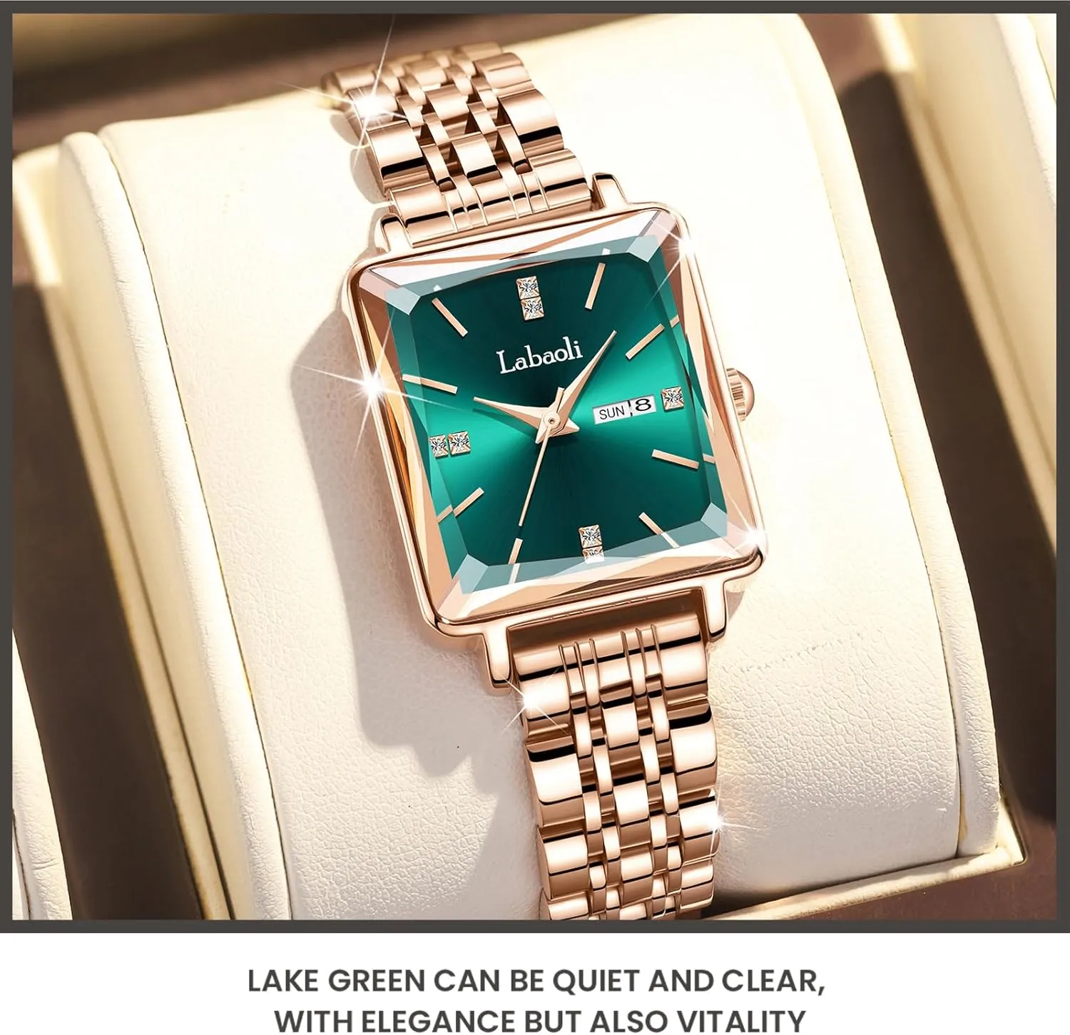 Gold mediate Diamond Quartz Wristwatch, Fashionable Square Waterproof Date Ladies' Watch Stainless Steel Rose 