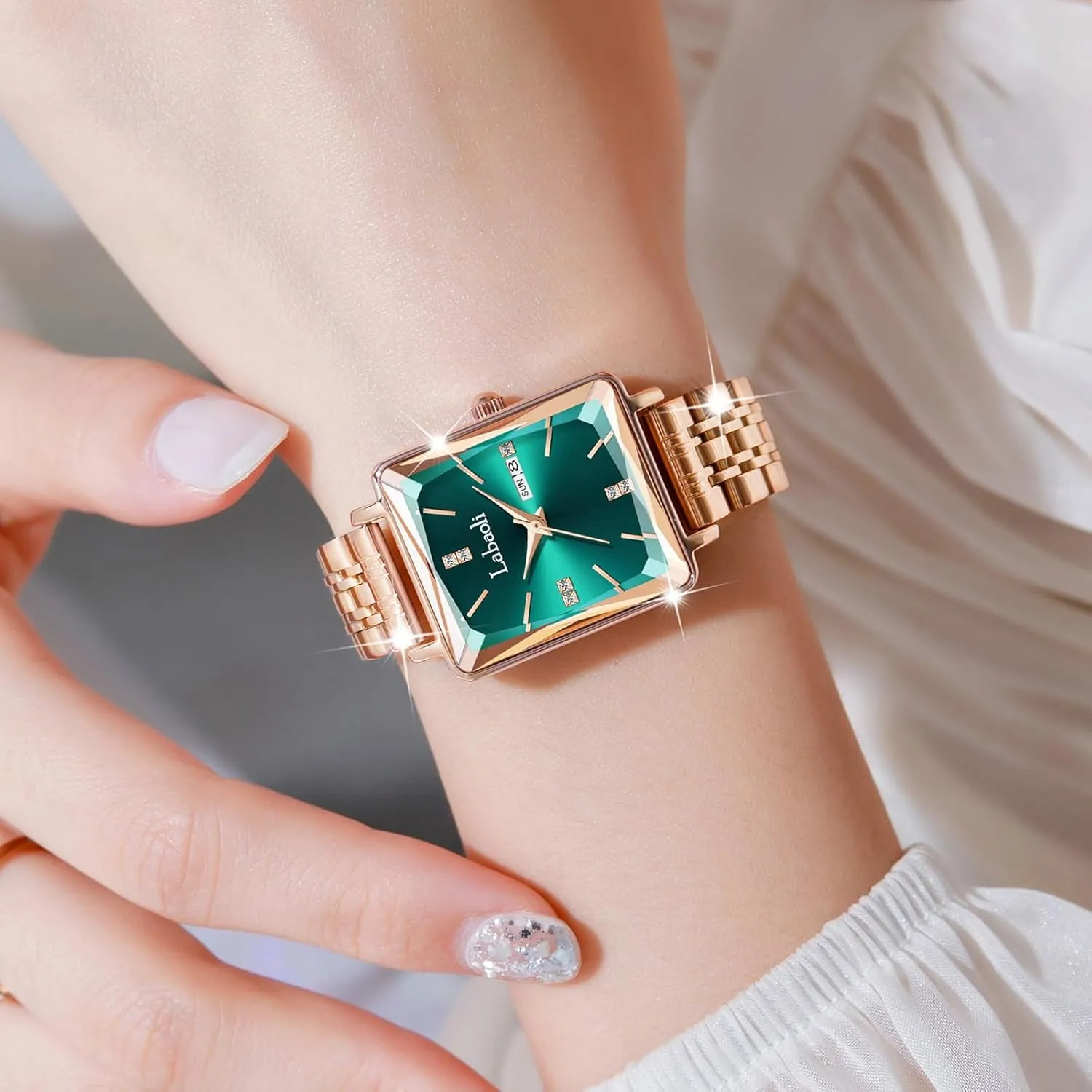 Gold mediate Diamond Quartz Wristwatch, Fashionable Square Waterproof Date Ladies' Watch Stainless Steel Rose 