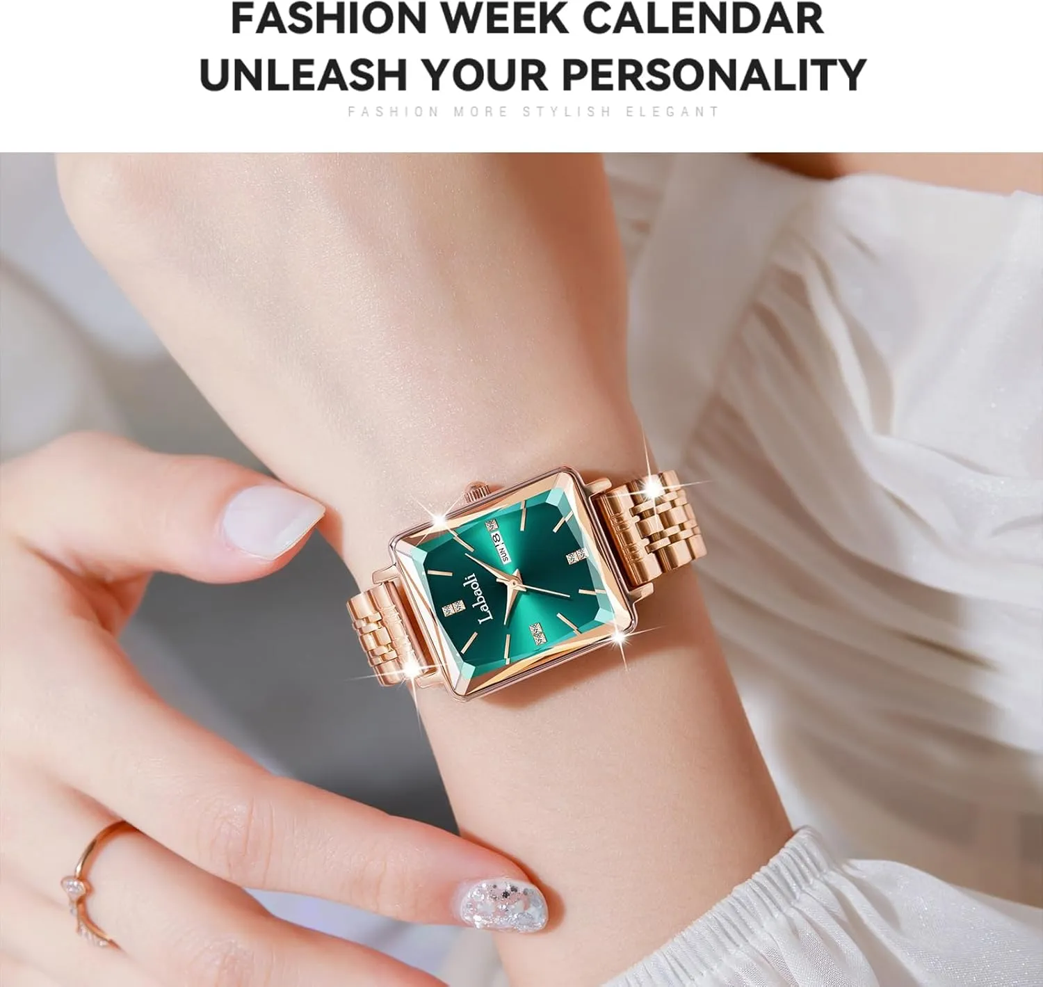 Gold mediate Diamond Quartz Wristwatch, Fashionable Square Waterproof Date Ladies' Watch Stainless Steel Rose 