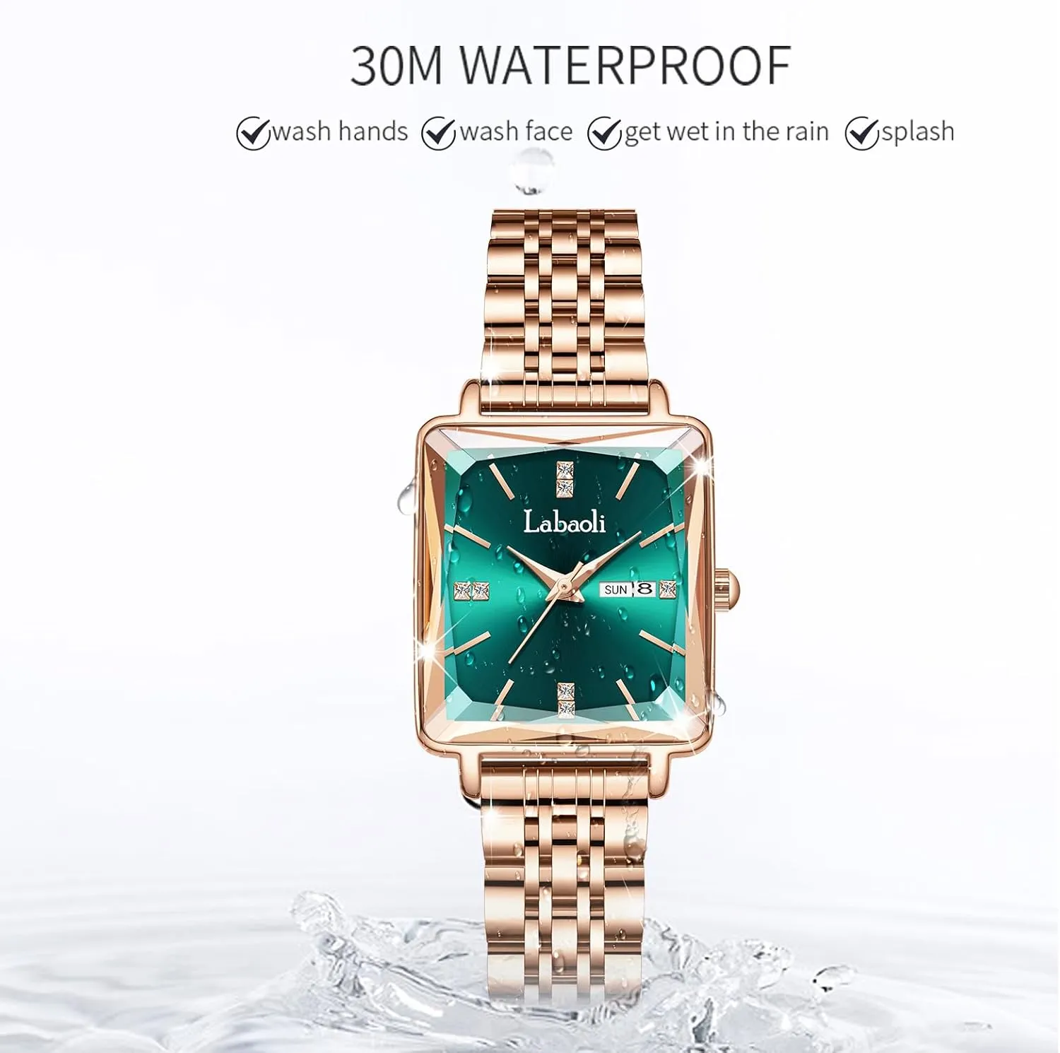 Gold mediate Diamond Quartz Wristwatch, Fashionable Square Waterproof Date Ladies' Watch Stainless Steel Rose 