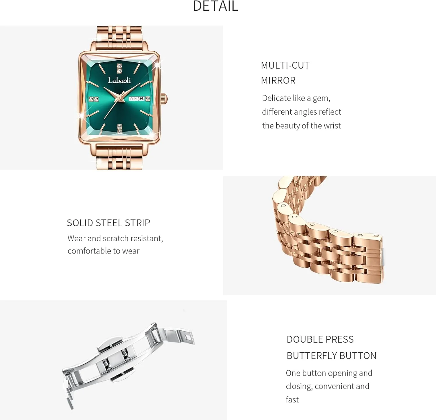 Gold mediate Diamond Quartz Wristwatch, Fashionable Square Waterproof Date Ladies' Watch Stainless Steel Rose 