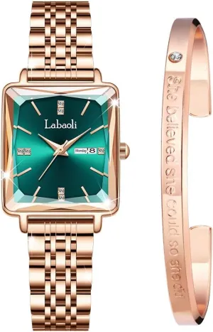 Gold mediate Diamond Quartz Wristwatch, Fashionable Square Waterproof Date Ladies' Watch Stainless Steel Rose 