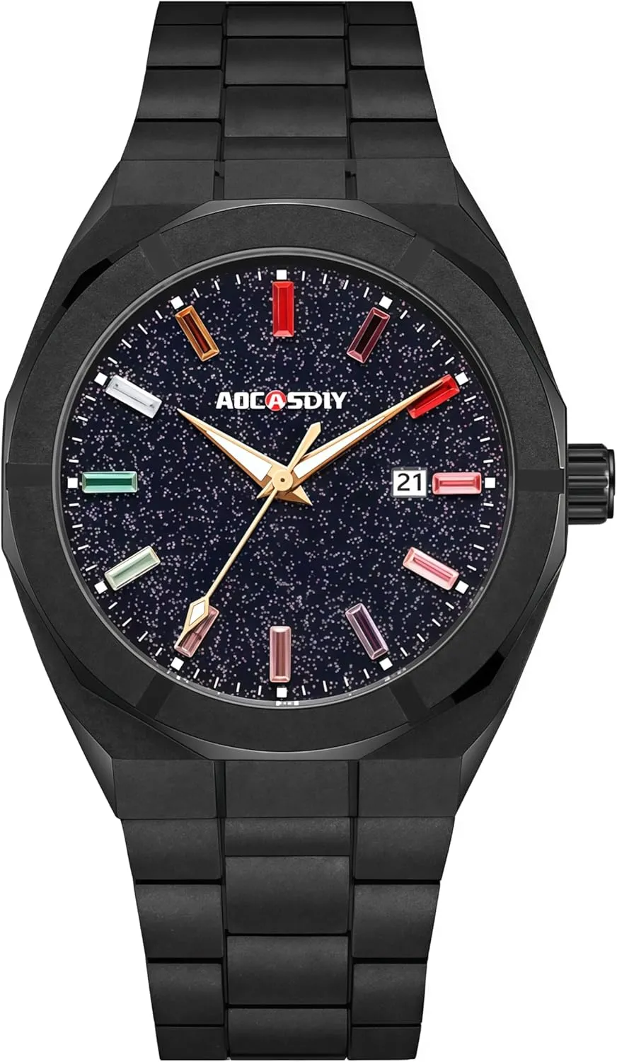 Gold Men's Watch with Starry shelf commit Sky Dial Multicolor Gemstone Markers Fashion Business Wristwatch with Date Display, Stainless Steel Band Gosasa Luxury 