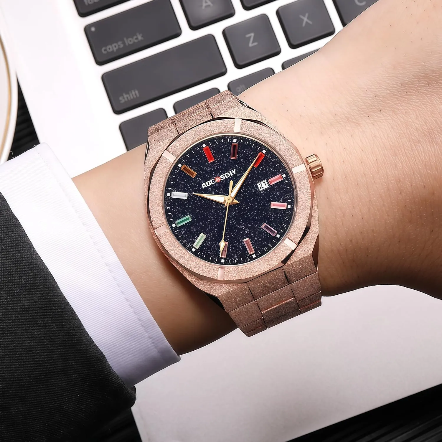 Gold Men's Watch with Starry shelf commit Sky Dial Multicolor Gemstone Markers Fashion Business Wristwatch with Date Display, Stainless Steel Band Gosasa Luxury 