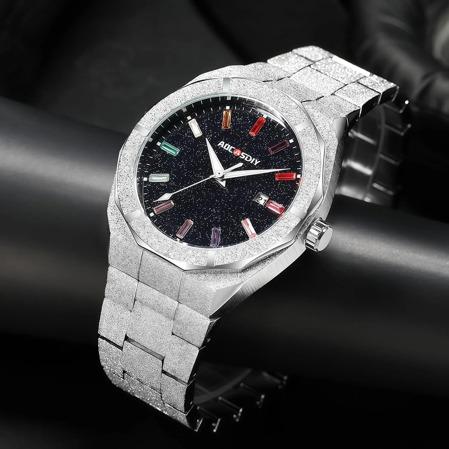 Gold Men's Watch with Starry shelf commit Sky Dial Multicolor Gemstone Markers Fashion Business Wristwatch with Date Display, Stainless Steel Band Gosasa Luxury 