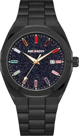 Gold Men's Watch with Starry shelf commit Sky Dial Multicolor Gemstone Markers Fashion Business Wristwatch with Date Display, Stainless Steel Band Gosasa Luxury 