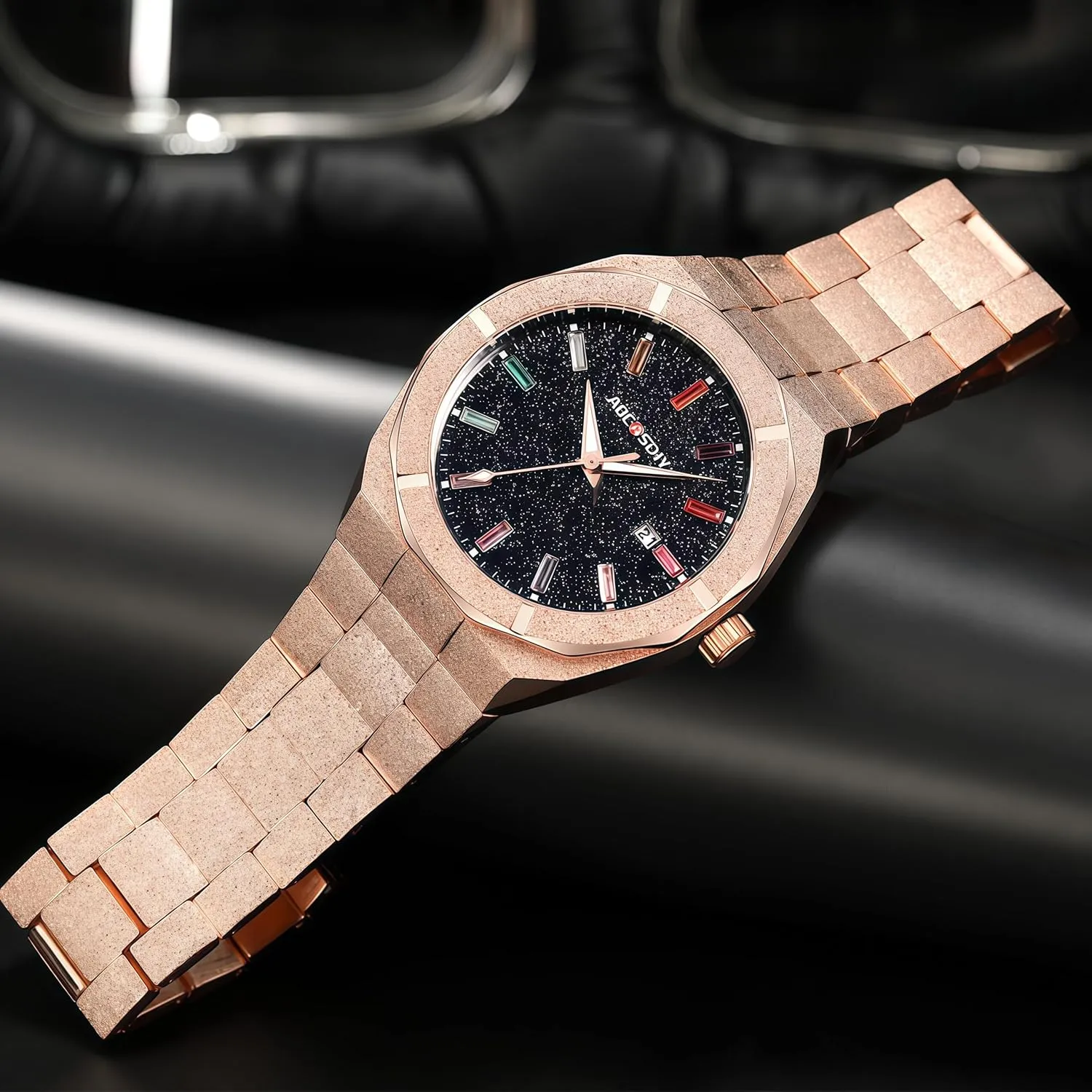 Gold Men's Watch with Starry shelf commit Sky Dial Multicolor Gemstone Markers Fashion Business Wristwatch with Date Display, Stainless Steel Band Gosasa Luxury 