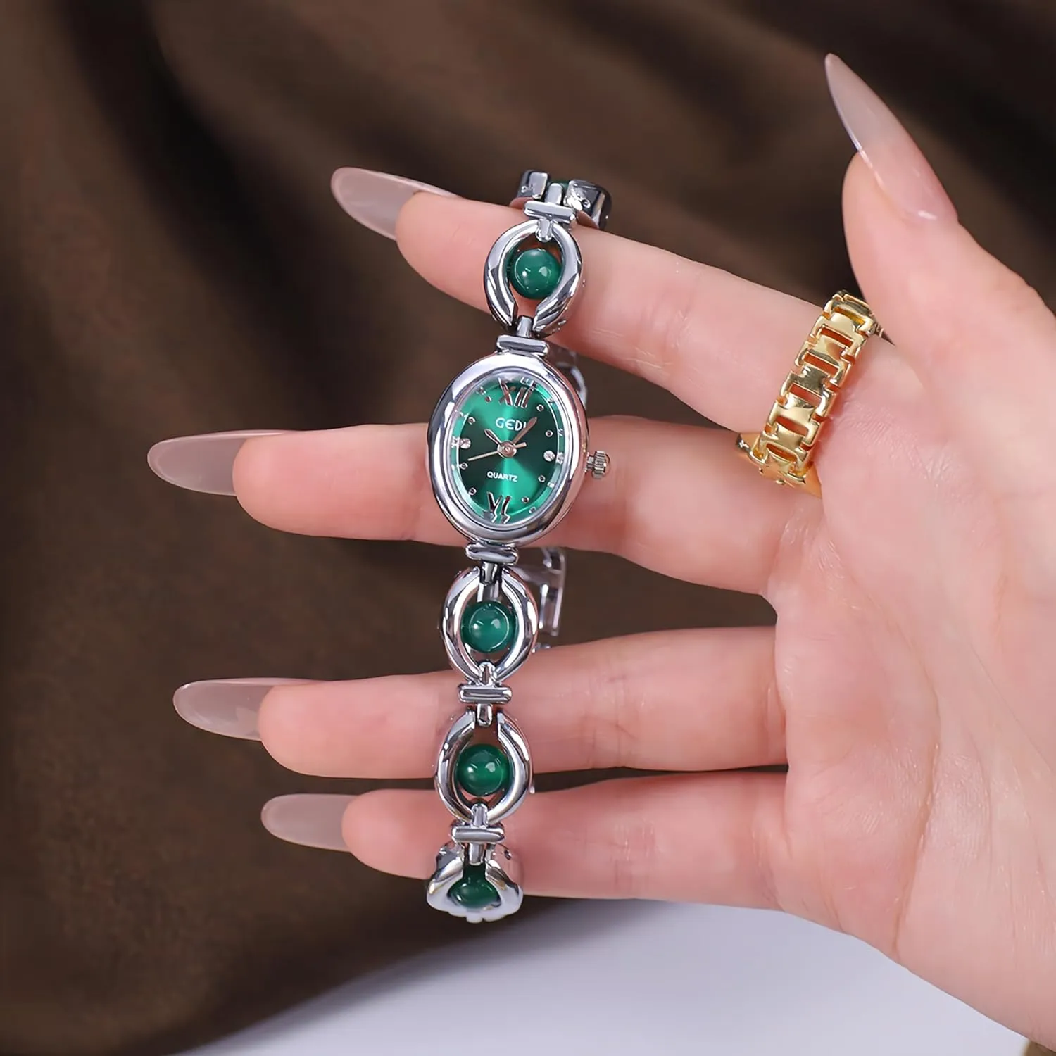 Gold Oval Women's Quartz Watch with Slim Dainty Bracelet, Vintage Dress Pearl Chain Crystal Dial Stylish Elegant Wristwatch for Women environmental propel propose Luxury 