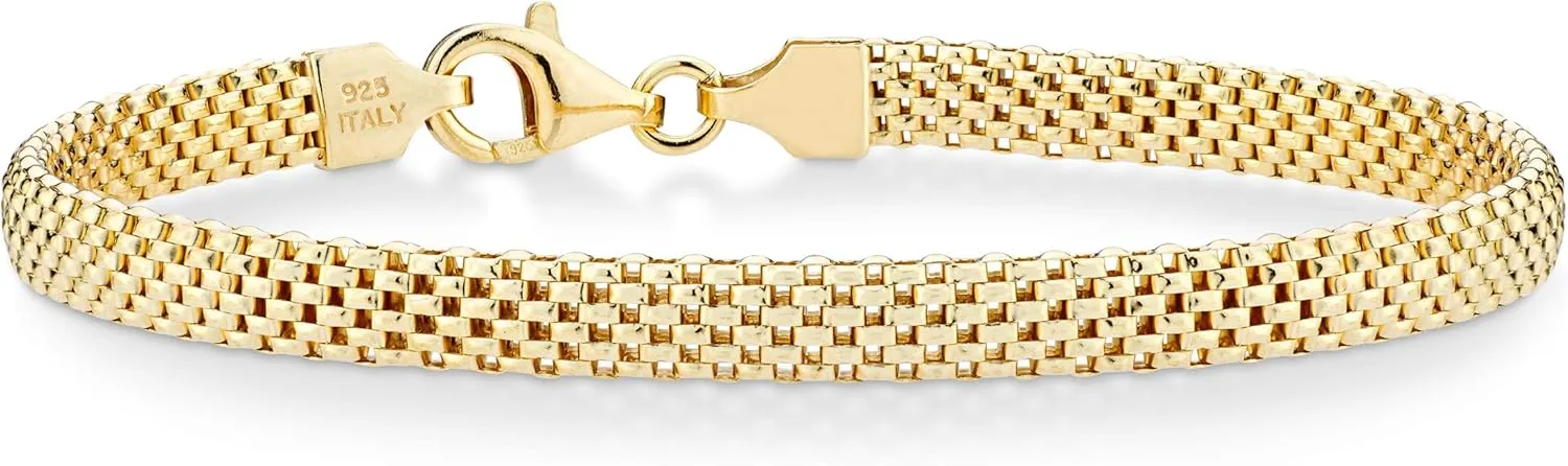 Gold Over Sterling Silver Italian 5mm Mesh Link Chain Bracelet for Women, 925 Made detach statement in Italy Miabella 18K 