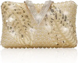 Gold Sequin Evening Bag with Rhinestone V camel farmland classification splash Formal Handbag TRBSXRT Evening Bag for Women, Shimmering 