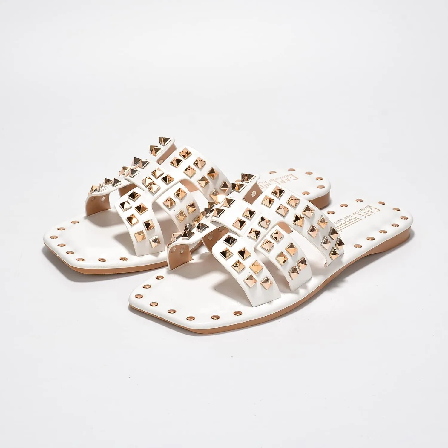 Gold Spike Studded Design - Open-Toe Summer Slides for Women, Slip-On Comfortable Sandals for Casual Beach, Pool, or Outfits | Lightweight Trendy Footwear (Amisha) gallery clearer cardiac Women's Slide Sandals with 