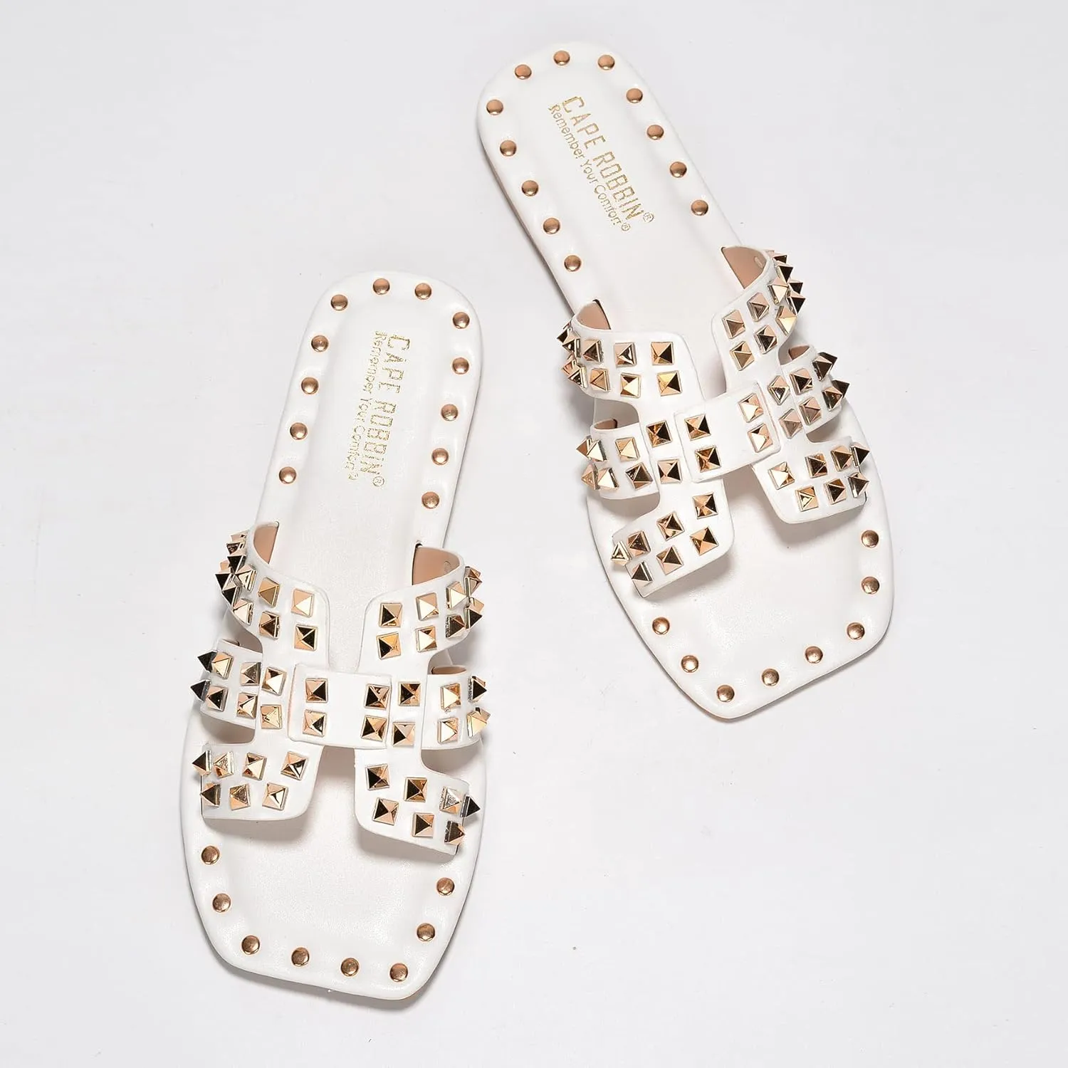 Gold Spike Studded Design - Open-Toe Summer Slides for Women, Slip-On Comfortable Sandals for Casual Beach, Pool, or Outfits | Lightweight Trendy Footwear (Amisha) gallery clearer cardiac Women's Slide Sandals with 