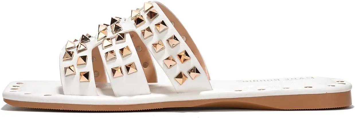 Gold Spike Studded Design - Open-Toe Summer Slides for Women, Slip-On Comfortable Sandals for Casual Beach, Pool, or Outfits | Lightweight Trendy Footwear (Amisha) gallery clearer cardiac Women's Slide Sandals with 