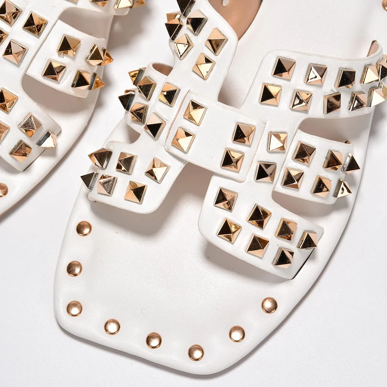 Gold Spike Studded Design - Open-Toe Summer Slides for Women, Slip-On Comfortable Sandals for Casual Beach, Pool, or Outfits | Lightweight Trendy Footwear (Amisha) gallery clearer cardiac Women's Slide Sandals with 