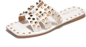 Gold Spike Studded Design - Open-Toe Summer Slides for Women, Slip-On Comfortable Sandals for Casual Beach, Pool, or Outfits | Lightweight Trendy Footwear (Amisha) gallery clearer cardiac Women's Slide Sandals with 