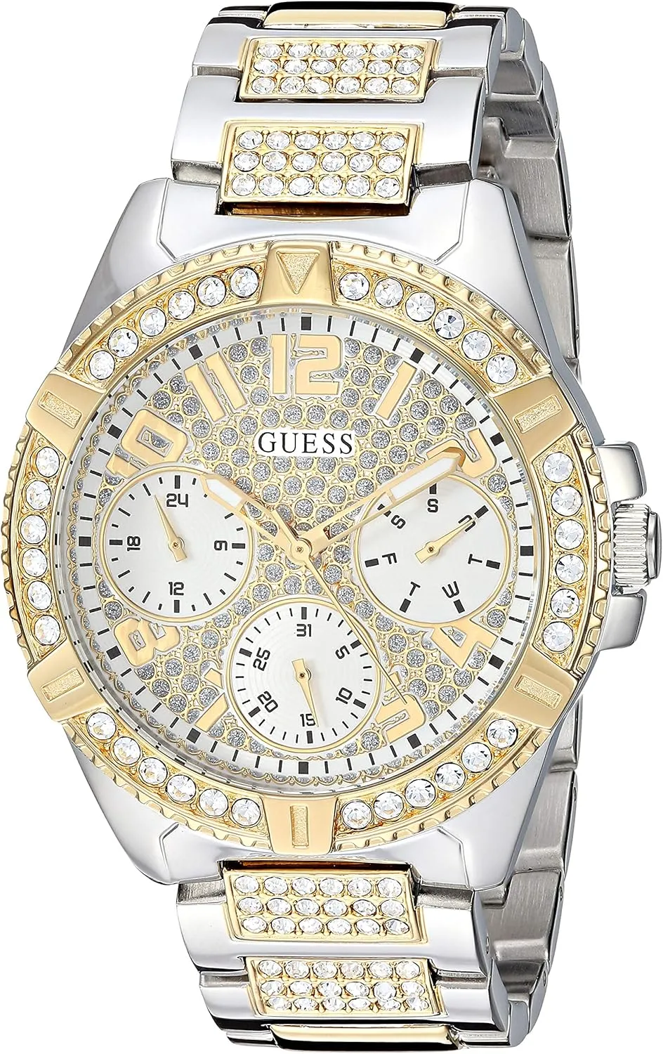 Gold-Tone Crystal Watch with Day, Latin Date   24 Hour Military/Int'l Time. Color: Silver/Gold-Tone (Model: U1156L5) GUESS Stainless Steel   