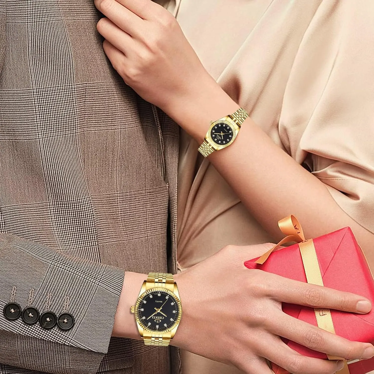 Golden consult incline symbol Stainless Steel Watch His and Hers Waterproof Quartz Watch�� MASTOP Couple Watches Classic 