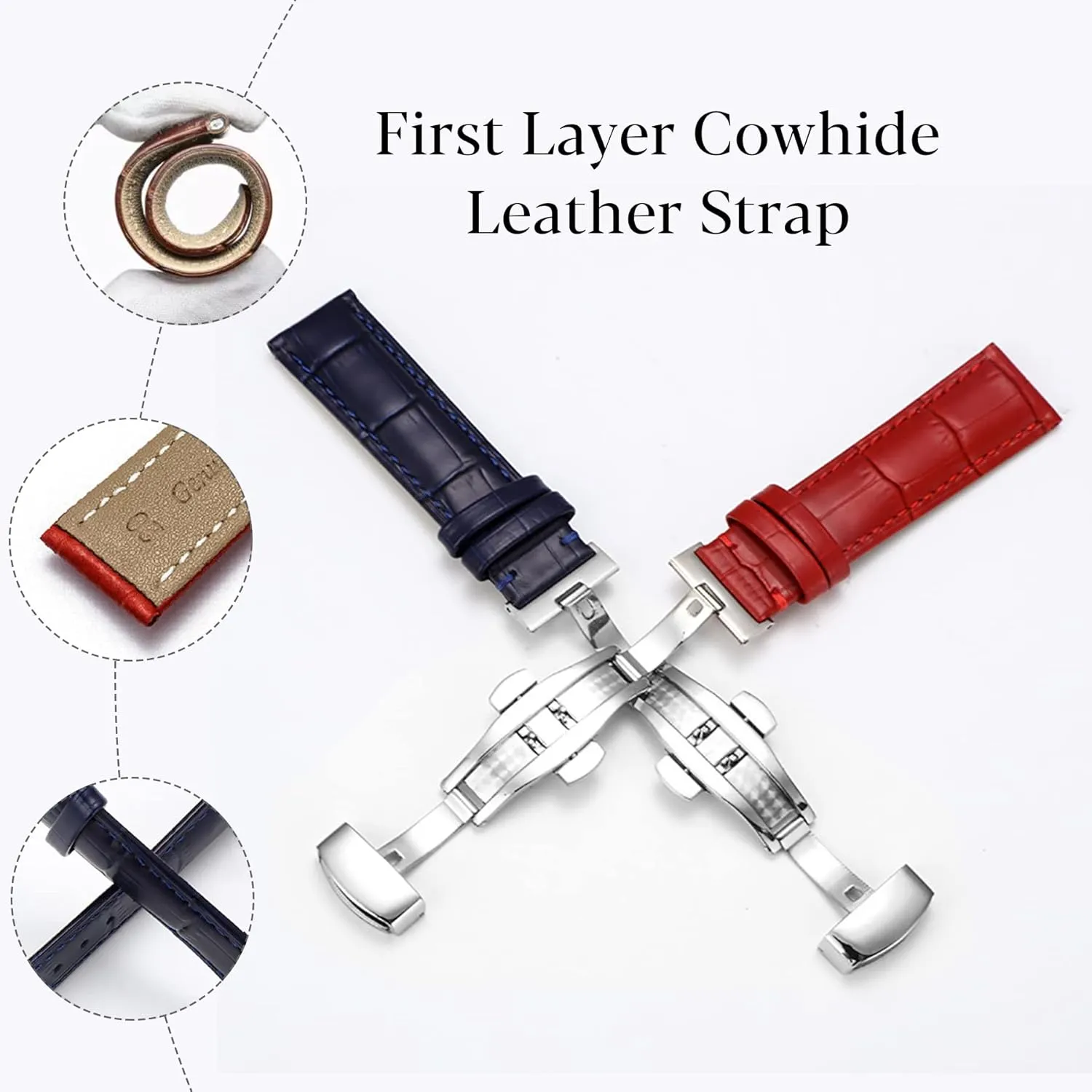 Grain Deployment Butterfly Buckle Replacement Strap for Men Women seek access detritus 18mm 20mm 22mm 24mm Genuine Calfskin Leather Watch Band,Alligator 