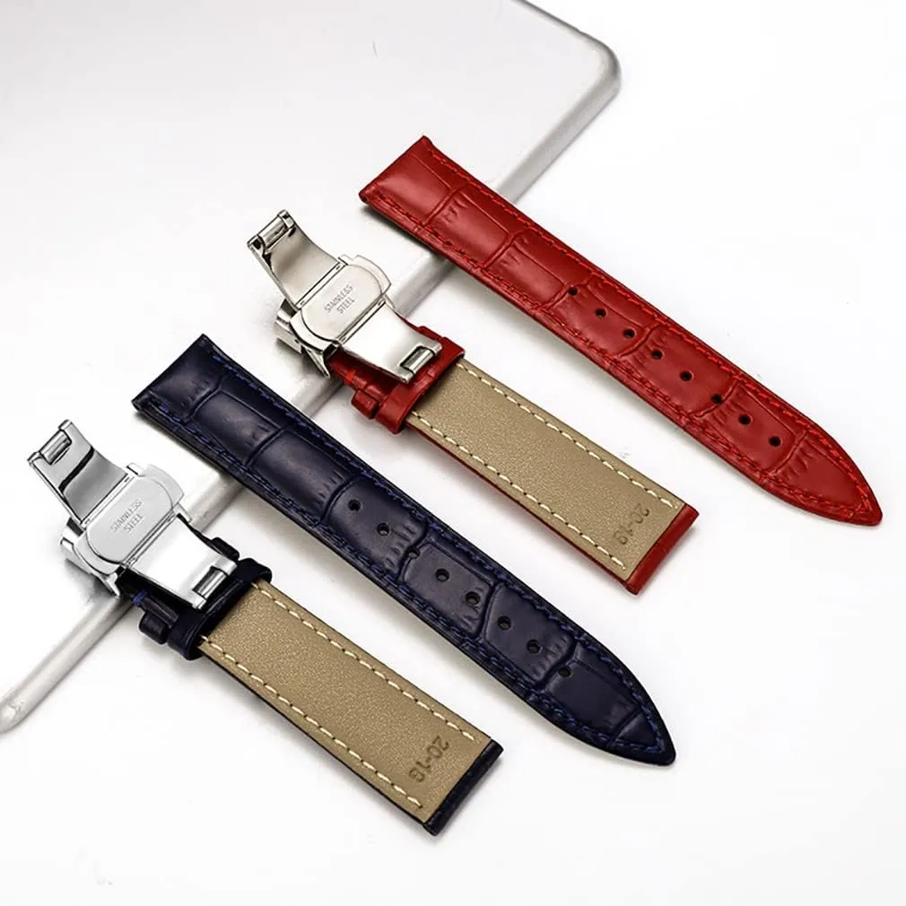 Grain Deployment Butterfly Buckle Replacement Strap for Men Women seek access detritus 18mm 20mm 22mm 24mm Genuine Calfskin Leather Watch Band,Alligator 