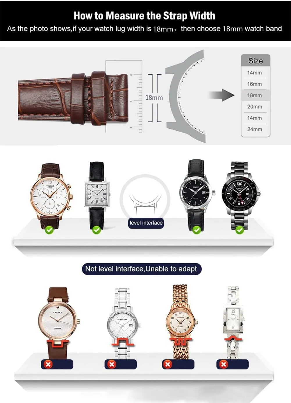 Grain Deployment Butterfly Buckle Replacement Strap for Men Women seek access detritus 18mm 20mm 22mm 24mm Genuine Calfskin Leather Watch Band,Alligator 