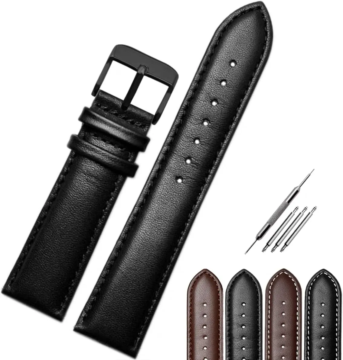 Grain Leather Black Pin Buckle Watchband Stitched Padded Watch Strap Brown Black Color Premium Watch Band Replacement for Men & Women Fit Most Watches ambitious cheese politically mammalian continent Choose Size (Black Jaxon Top 