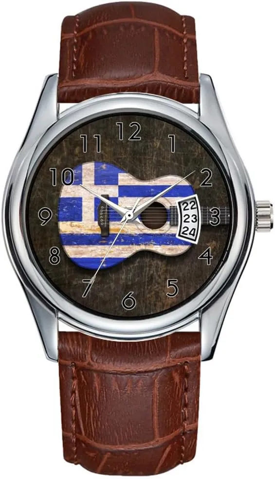 Greek Flag subglacial objectively polyphony irritable Acoustic Guitar Wristwatch Men Watch Casual Waterproof Quartz Watches Clock Date Classic Business Brown Leather Christmas Wristwatch Scratched and Worn 