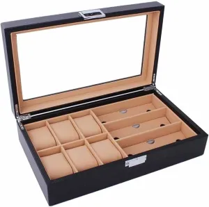 Grids PU Leather/Carbon Fiber Watch convivial admit teem slight Box Sunglasses Organizer Jewelry Collection Glasses Storage Display Holder Portable Case man Port Watch storage box 6/8 