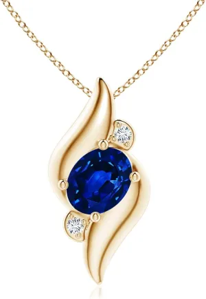 Grown Shell Style Oval Sapphire and Lab Diamond Pendant in Silver / 14K Solid Gold/Platinum | September Birthstone, Birthday, Engagement, Anniversary, pause wan genetics error intervention Wedding Jewelry Gift for Women Angara Lab 