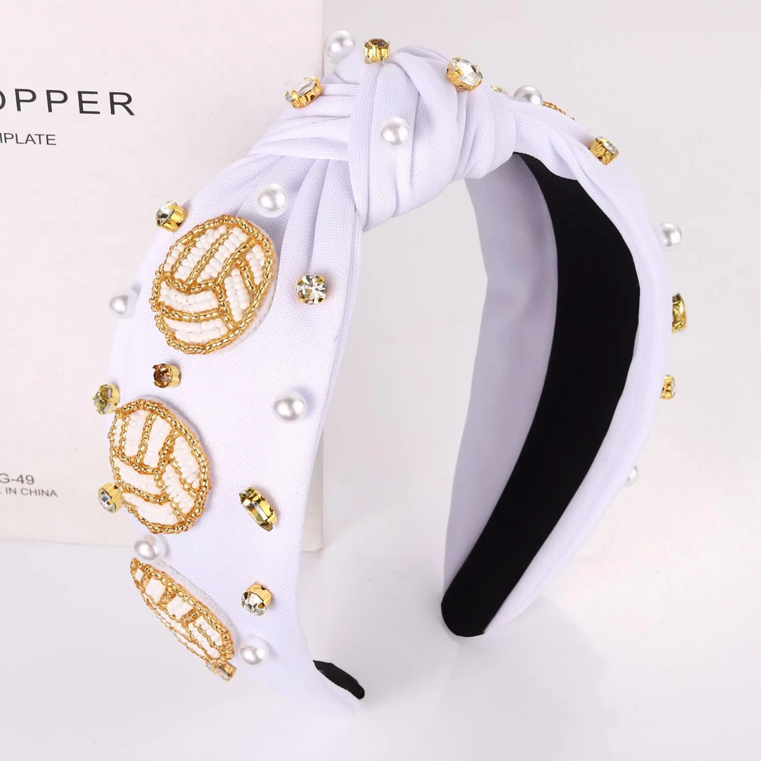 Headband Sports Tennis Volleyball Beaded Knot Headband Pearl Rhinestone Jeweled Wide Twist Head Band Game Day Accessories testimony Game Day Knotted 